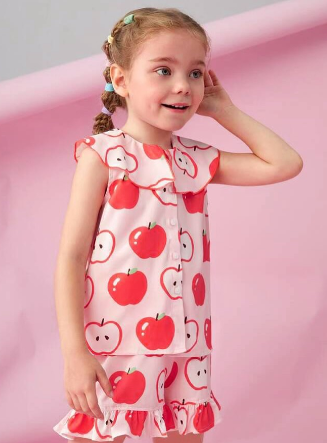 La'ciel Pembe Elma Desenli Kız Çocuk Şortlu Takım 🍎 (2-7 Yaş)