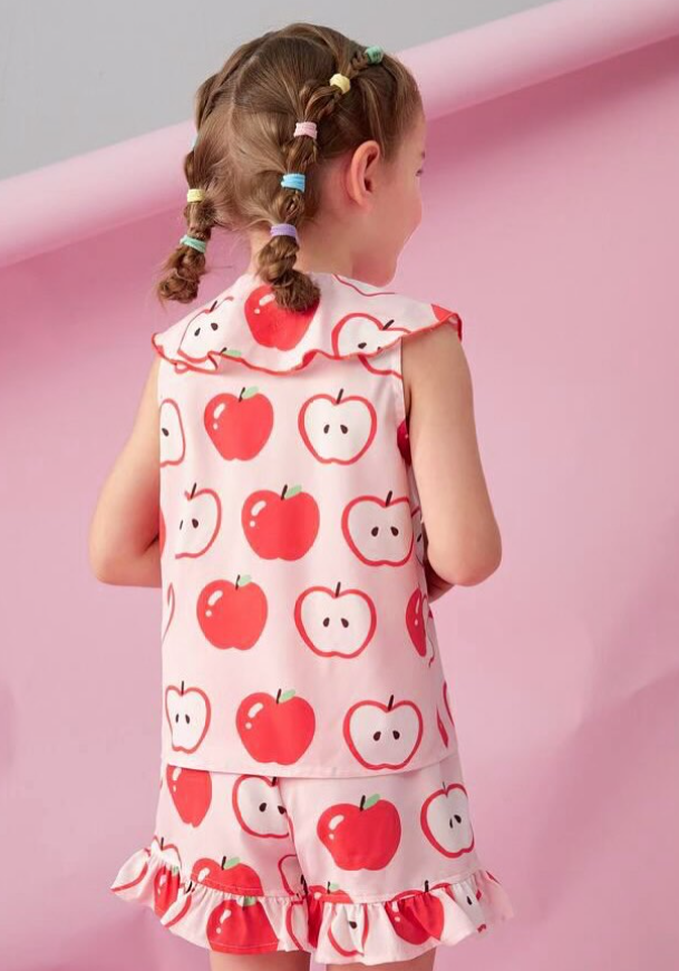 La'ciel Pembe Elma Desenli Kız Çocuk Şortlu Takım 🍎 (2-7 Yaş)